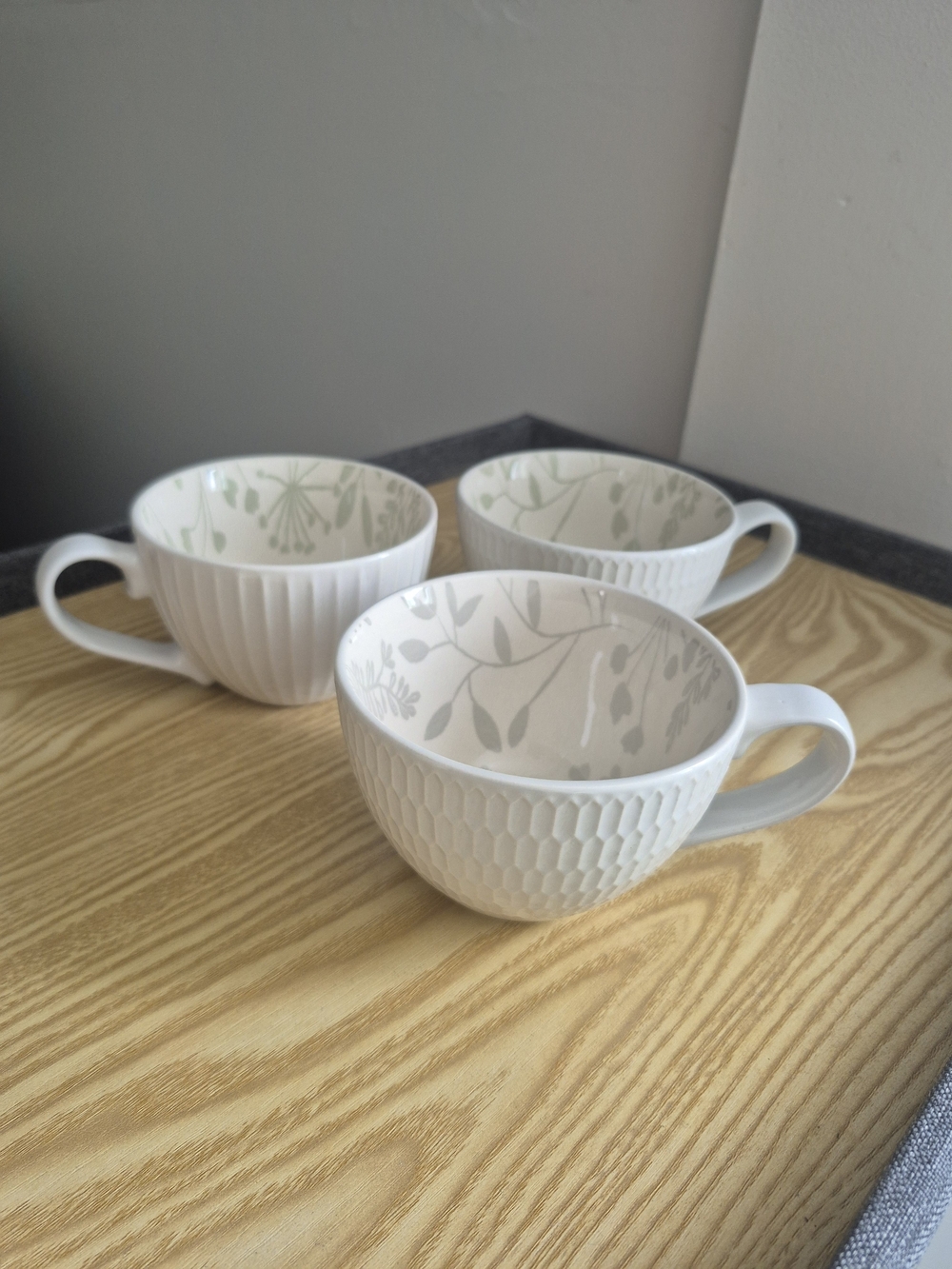 White Ceramic Floral Pattern Soup Cups - Set of 3